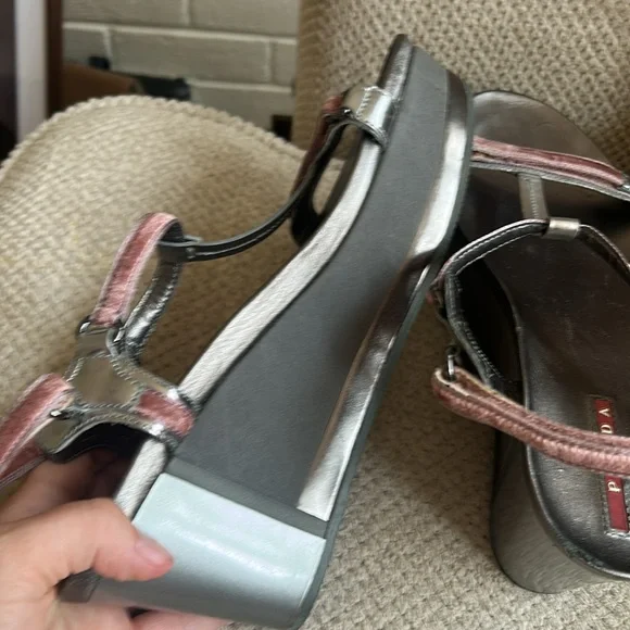PRADA Metallic & Velvet Wedge Sandals - Picture 5 of 10